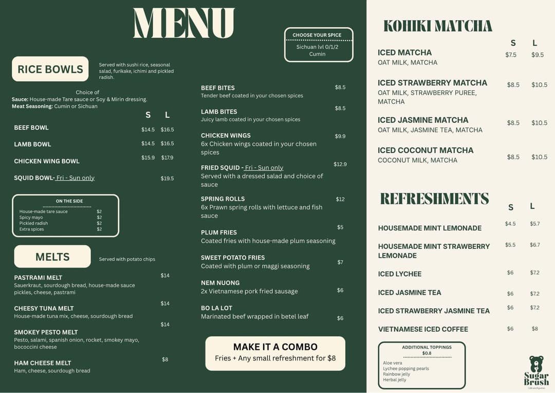 Sugar Brush café menu
